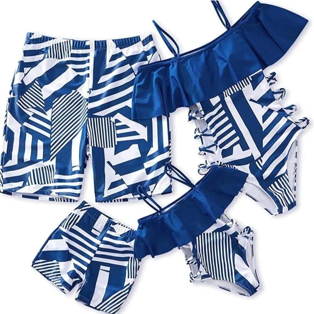 PatPat Girls 3-4Y Blue Geometric One-Shoulder Ruffle Swimsuit Cutout